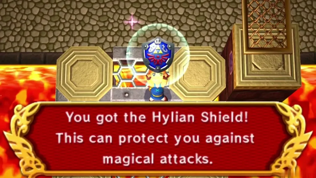The Hylian Shield message box, which says it protects against magical attacks The Hylian Shield message box, which says it protects against magical attacks