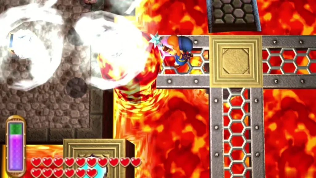 Ice Rod blasts over fire jets in a lava room, Link on the grated bridge Ice Rod blasts over fire jets in a lava room, Link on the grated bridge