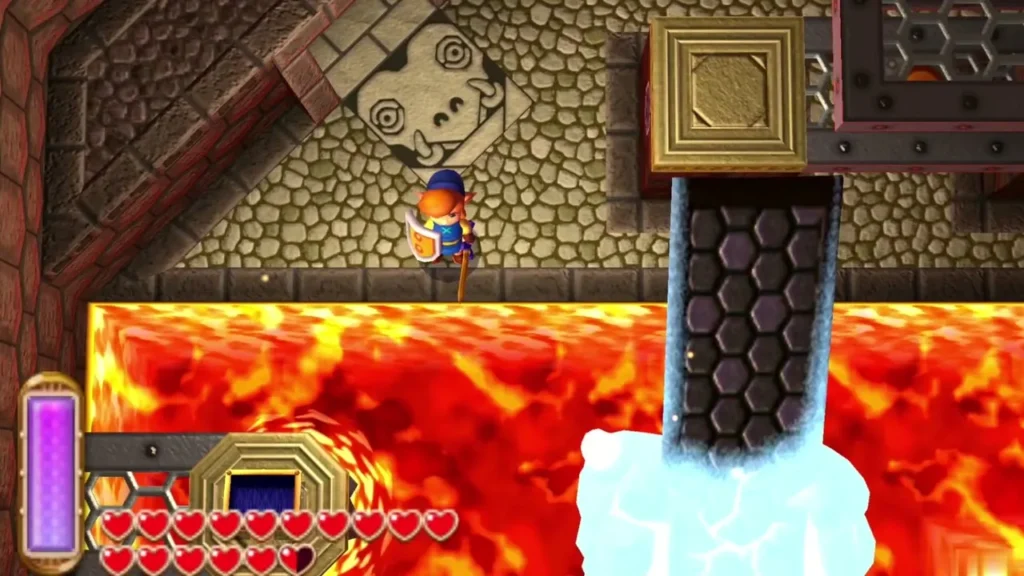 Link on a stone ledge beside a column of ice rising over the lava Link on a stone ledge beside a column of ice rising over the lava