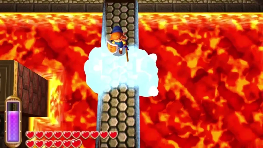 Link on a grated column encased in an ice pillar rising out of the lava Link on a grated column encased in an ice pillar rising out of the lava