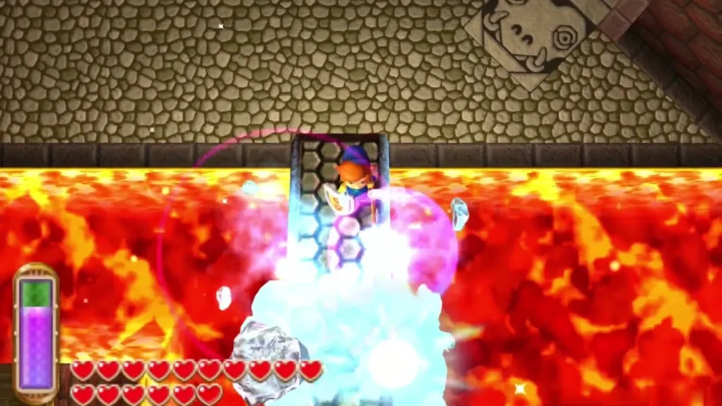 Link freezing a lava channel with an Ice Rod blast, the ice cloud spreading over the molten rock Link freezing a lava channel with an Ice Rod blast, the ice cloud spreading over the molten rock