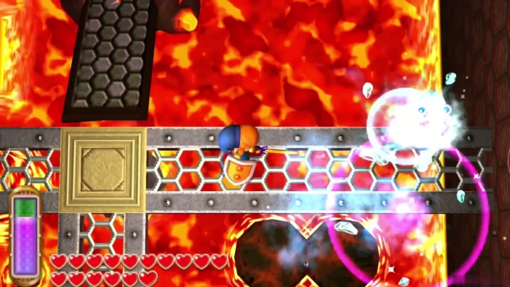 Link on a grated path firing the Ice Rod across the lava, beside a stone block Link on a grated path firing the Ice Rod across the lava, beside a stone block