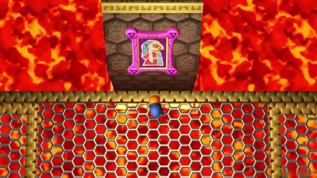 Impa's painting framed in a stone niche above the lava, with Link standing below it Impa's painting framed in a stone niche above the lava, with Link standing below it