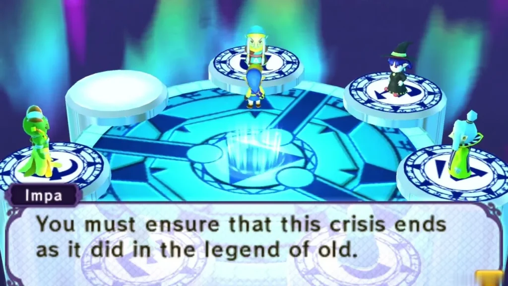 Impa speaking to Link in the Sanctuary while the freed Sages stand around the platform Impa speaking to Link in the Sanctuary while the freed Sages stand around the platform