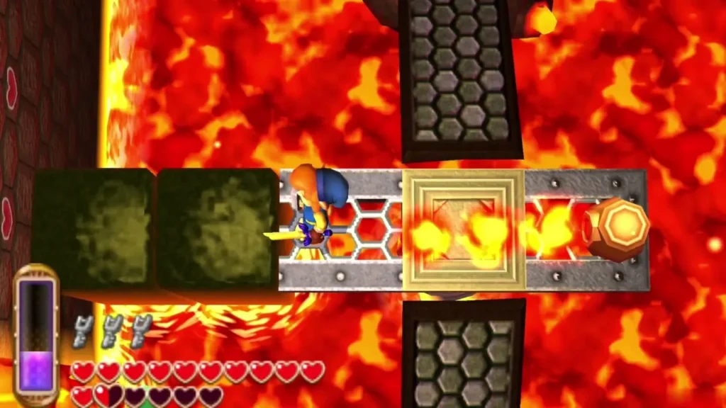 Link on a metal grate bridge surrounded by lava on B1 Link on a metal grate bridge surrounded by lava on B1