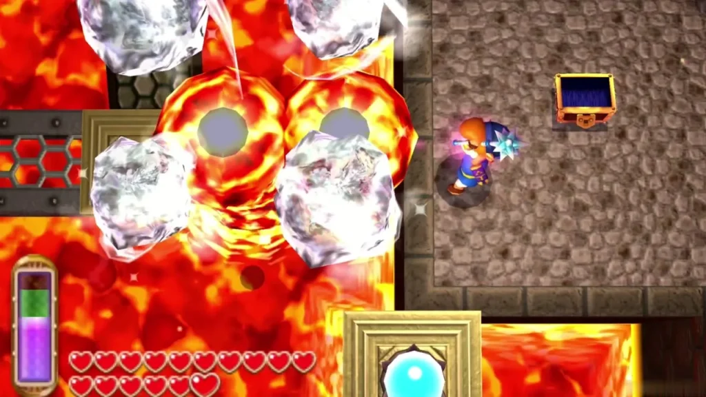 Lava jets erupting in the pit beside frozen ice blocks near a chest room Lava jets erupting in the pit beside frozen ice blocks near a chest room
