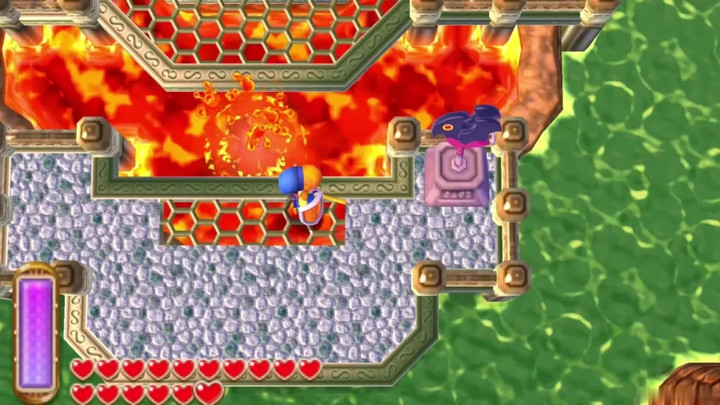Link on a lava-edged stone platform beside a purple pedestal, fire jet flaring nearby Link on a lava-edged stone platform beside a purple pedestal, fire jet flaring nearby