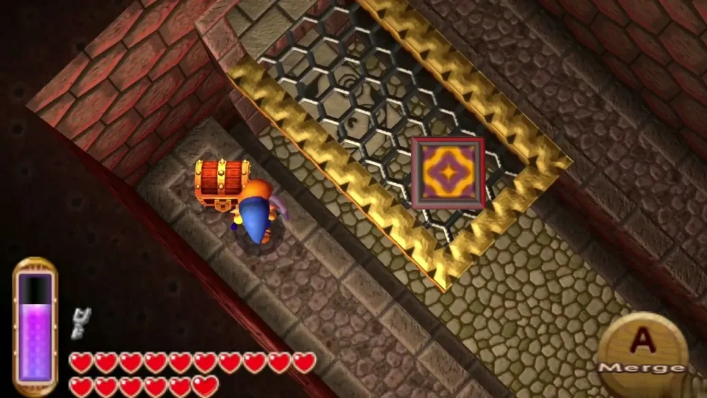 Link beside a chest on the hidden ledge above the grated floor Link beside a chest on the hidden ledge above the grated floor
