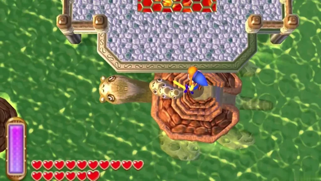 Link riding on Mama Turtle's back across the lake toward the lava platform Link riding on Mama Turtle's back across the lake toward the lava platform