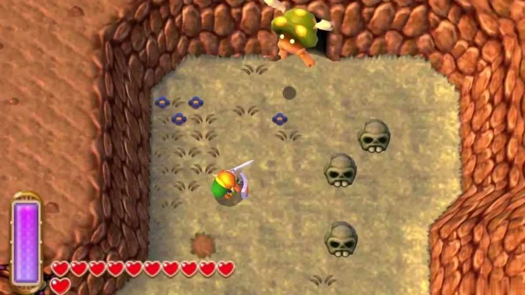 Link walks into the Lorule desert entrance past skull rocks and purple flowers, on the way to the Desert Palace Link walks into the Lorule desert entrance past skull rocks and purple flowers, on the way to the Desert Palace