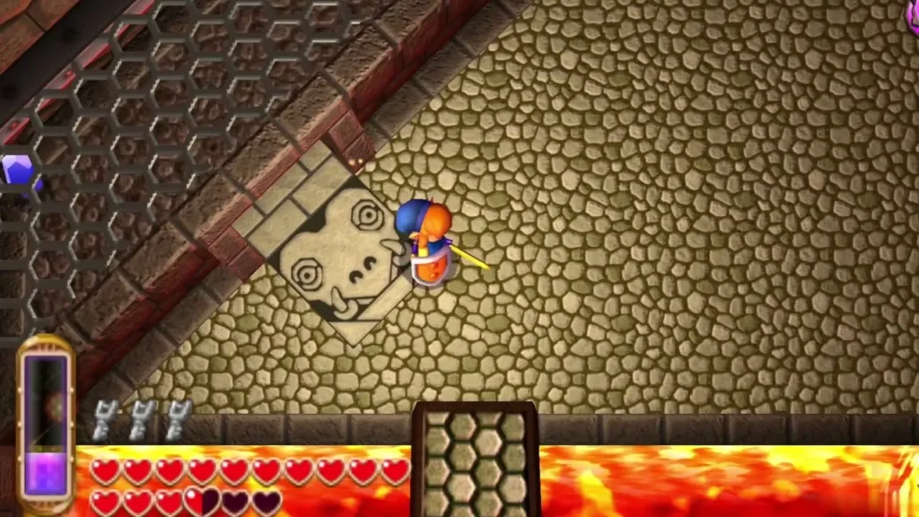 Link beside a Medusa head set into the floor, with lava below the room Link beside a Medusa head set into the floor, with lava below the room