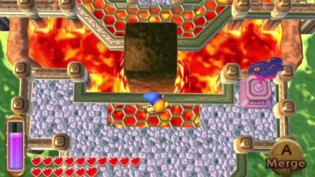 Link at the lava platform entrance beside a rock pillar, Merge prompt showing Link at the lava platform entrance beside a rock pillar, Merge prompt showing
