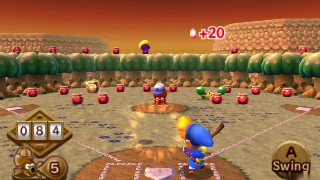 Link swinging his bat at an octoball on the Derby field, with a +20 points tally shown Link swinging his bat at an octoball on the Derby field, with a +20 points tally shown