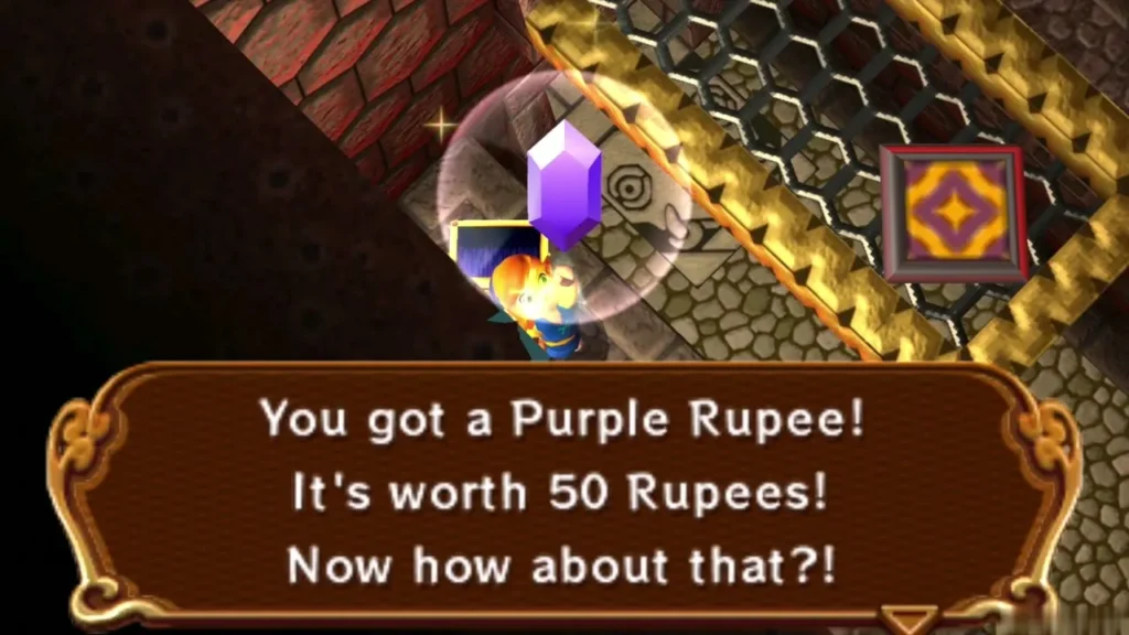 Link holding up a Purple Rupee under the "You got a Purple Rupee!" message box Link holding up a Purple Rupee under the "You got a Purple Rupee!" message box