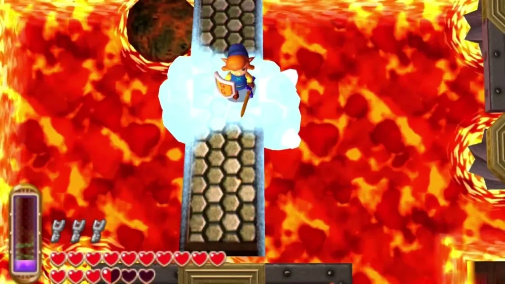 Link on a grate walkway rising out of the lava, with an Ice Rod blast around him Link on a grate walkway rising out of the lava, with an Ice Rod blast around him