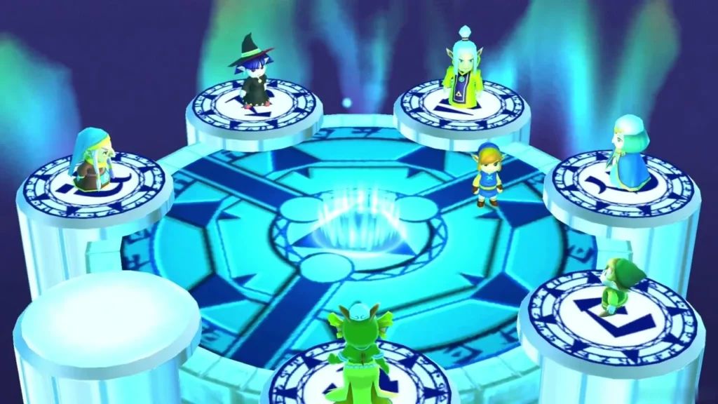 The freed Sages gathered around the Sanctuary platform with Link standing at its centre The freed Sages gathered around the Sanctuary platform with Link standing at its centre