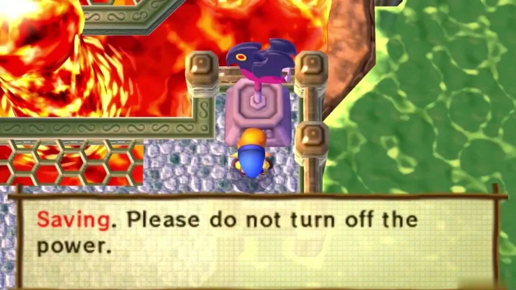 Link at the save pedestal on the lava platform with the Saving message Link at the save pedestal on the lava platform with the Saving message