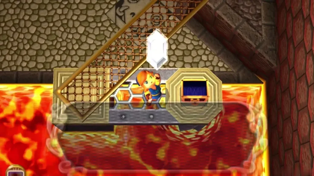 Link holding up a white Silver Rupee above a lava platform Link holding up a white Silver Rupee above a lava platform