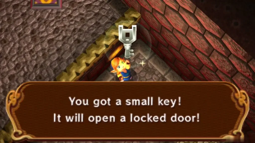 Link holding up a small key under the complete "You got a small key!" box Link holding up a small key under the complete "You got a small key!" box