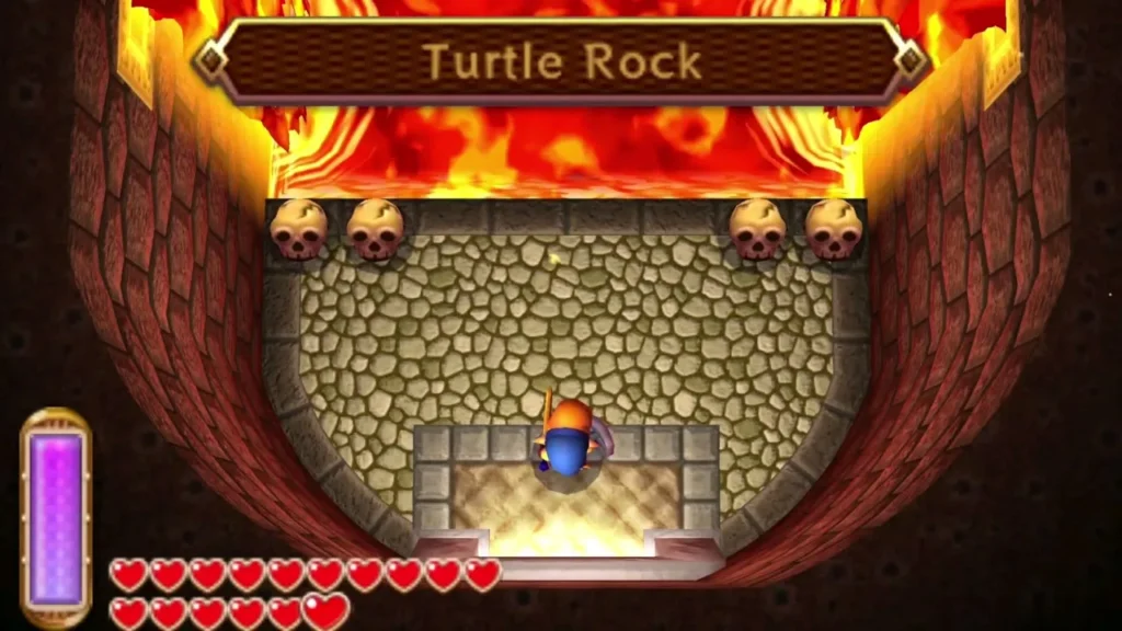 Link entering the Turtle Rock chamber under the title card, with lava on both sides Link entering the Turtle Rock chamber under the title card, with lava on both sides
