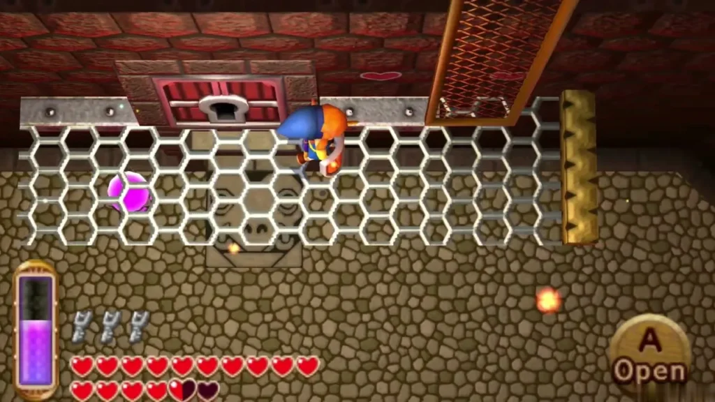 Link on the grate below a red locked door, with an Open prompt Link on the grate below a red locked door, with an Open prompt