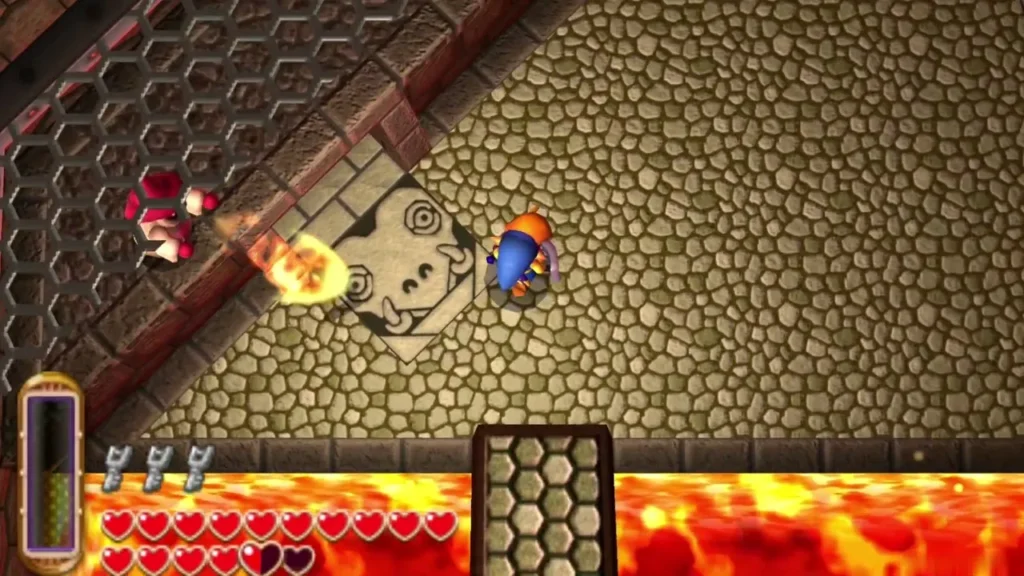 A red Wizzrobe fires a fireball at Link on a stone walkway above the lava A red Wizzrobe fires a fireball at Link on a stone walkway above the lava