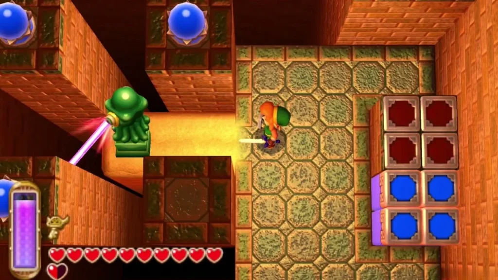 Green Beamos statue firing a pink laser beam beside Link in the stone corridor Green Beamos statue firing a pink laser beam beside Link in the stone corridor