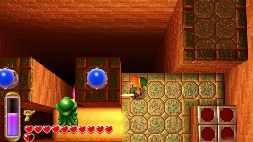 Link near a green Beamos statue beside three blue switches Link near a green Beamos statue beside three blue switches