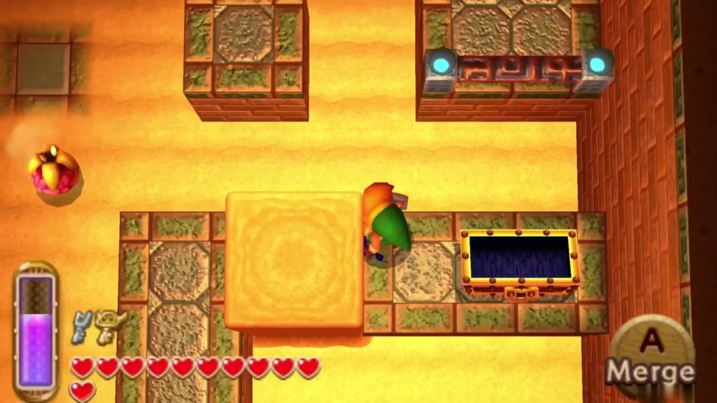 Link beside the large gold-trimmed chest on a raised tile platform Link beside the large gold-trimmed chest on a raised tile platform