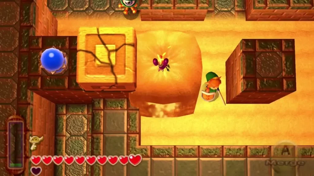A bomb blast bursting beside a cracked block as Link stands by the wall A bomb blast bursting beside a cracked block as Link stands by the wall