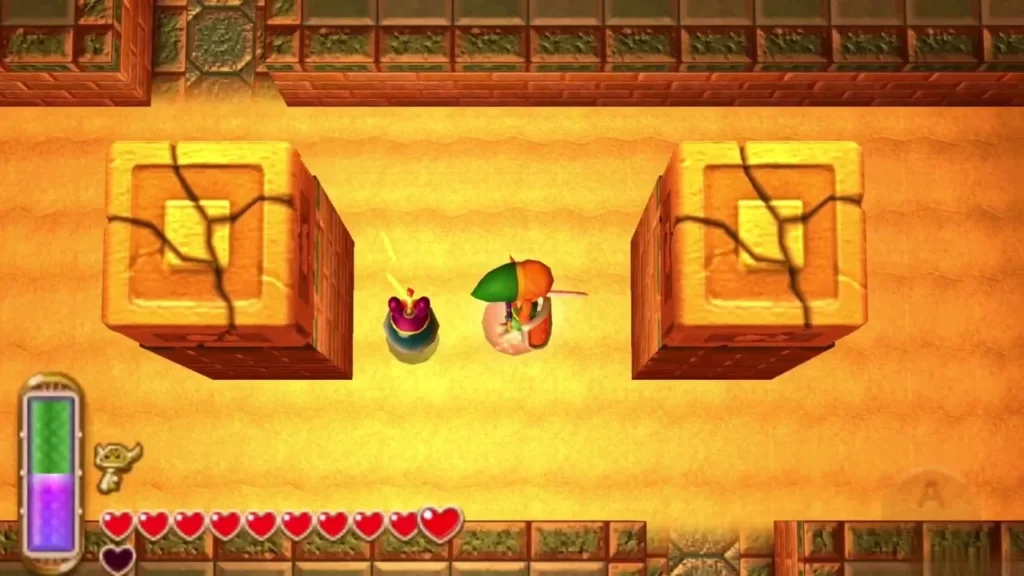 A bomb-carrying enemy with a lit fuse between two cracked blocks, with Link nearby A bomb-carrying enemy with a lit fuse between two cracked blocks, with Link nearby