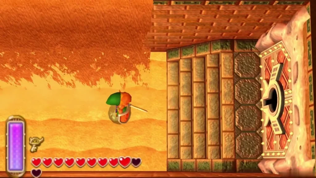 Link in the sand room facing the ornate boss door on the right wall Link in the sand room facing the ornate boss door on the right wall