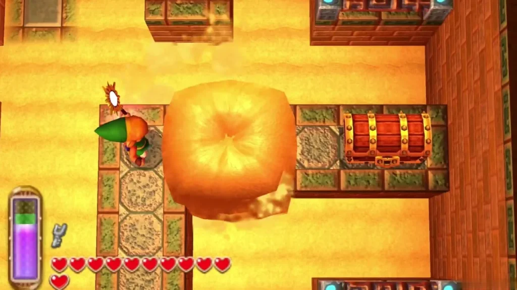 Link facing a raised sand pillar with a chest on the platform beyond it Link facing a raised sand pillar with a chest on the platform beyond it