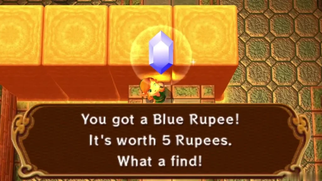 Link holding up a Blue Rupee, with the You got a Blue Rupee box on screen Link holding up a Blue Rupee, with the You got a Blue Rupee box on screen