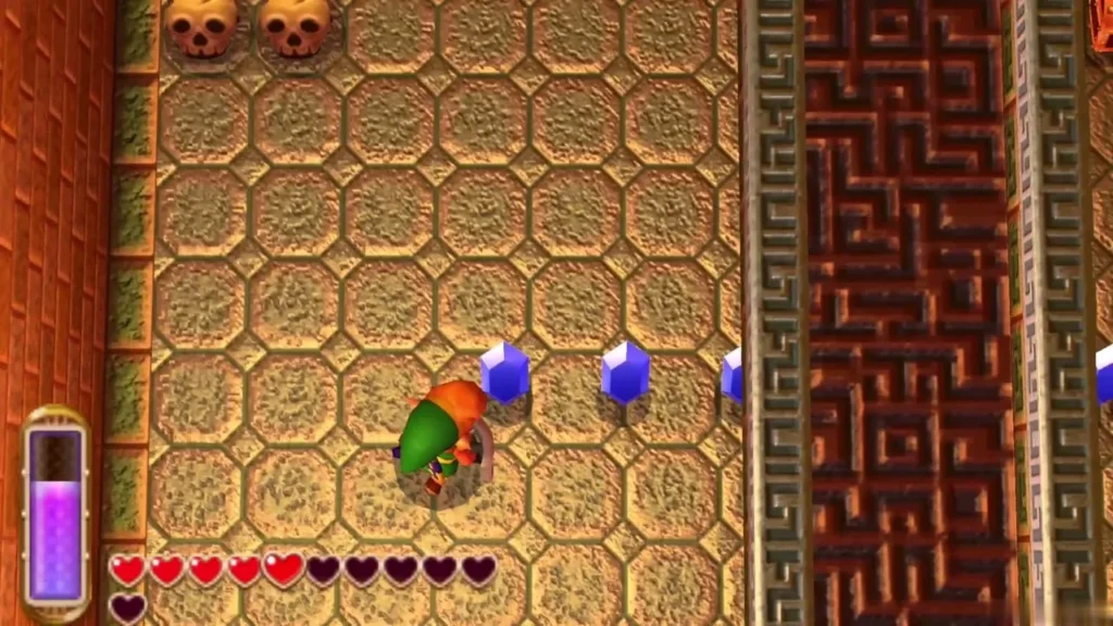 Link walking past a row of Blue Rupees in the northwest room of the Desert Palace Link walking past a row of Blue Rupees in the northwest room of the Desert Palace
