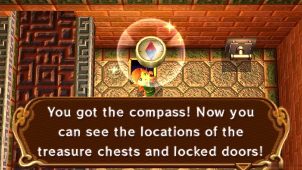 Link holds up the Compass as the box says it reveals treasure chests and locked doors Link holds up the Compass as the box says it reveals treasure chests and locked doors