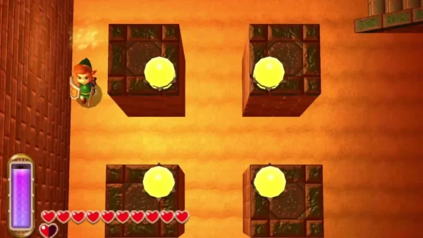Four glowing yellow crystal switches set into dark stone recesses in the Desert Palace Four glowing yellow crystal switches set into dark stone recesses in the Desert Palace