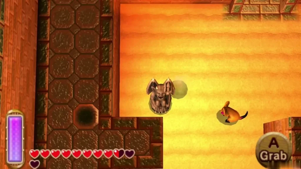 An orange sand creature with a tail scurries across loose sand while a stone gargoyle waits nearby An orange sand creature with a tail scurries across loose sand while a stone gargoyle waits nearby