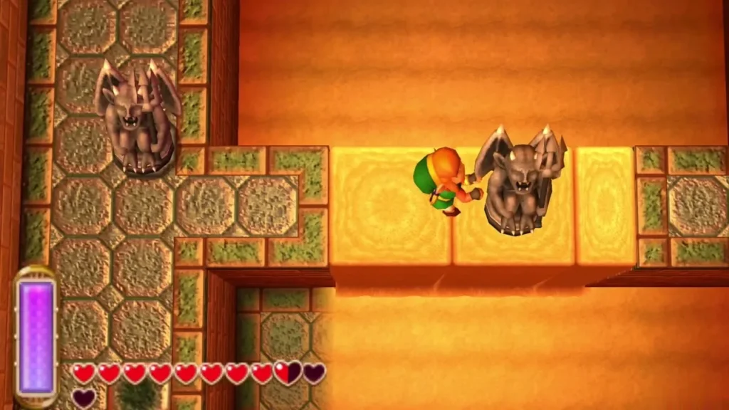 Link between two stone gargoyle enemies on a sandy walkway in the Desert Palace Link between two stone gargoyle enemies on a sandy walkway in the Desert Palace