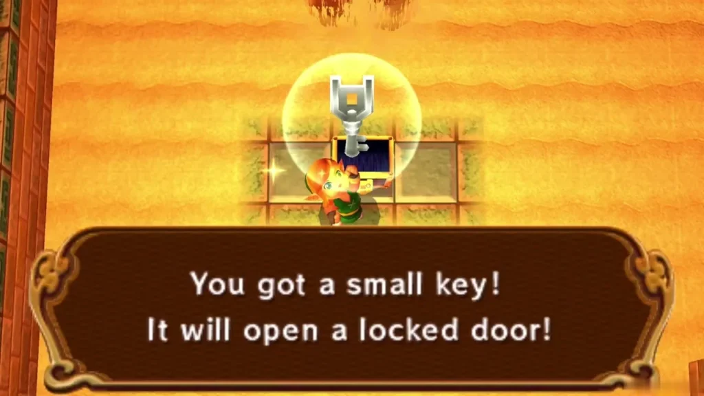 Link holding up a small key over an opened chest, with the You got a small key box on screen Link holding up a small key over an opened chest, with the You got a small key box on screen