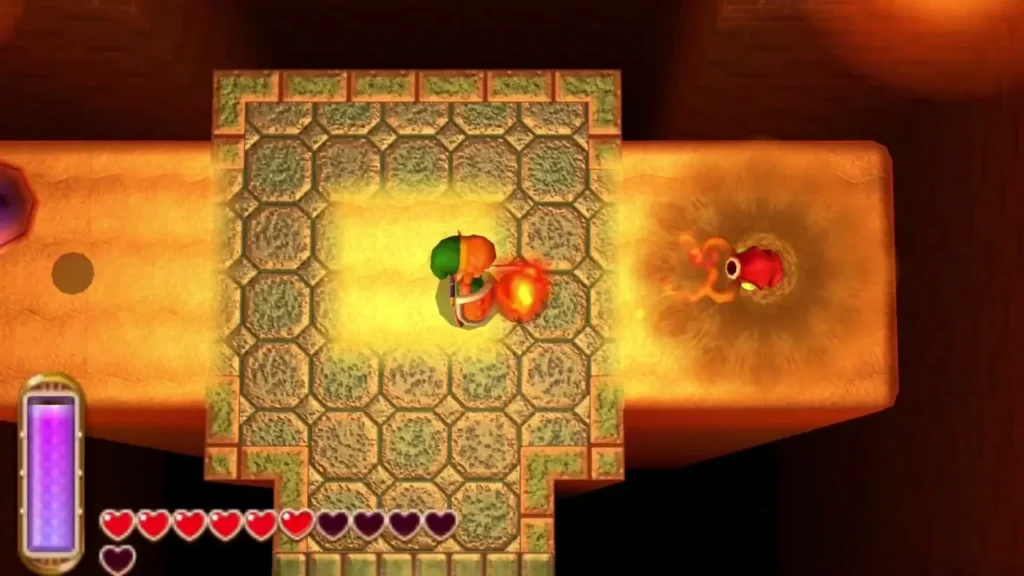 Link fighting an enemy on a tiled platform in the sand, a fiery burst beside him Link fighting an enemy on a tiled platform in the sand, a fiery burst beside him