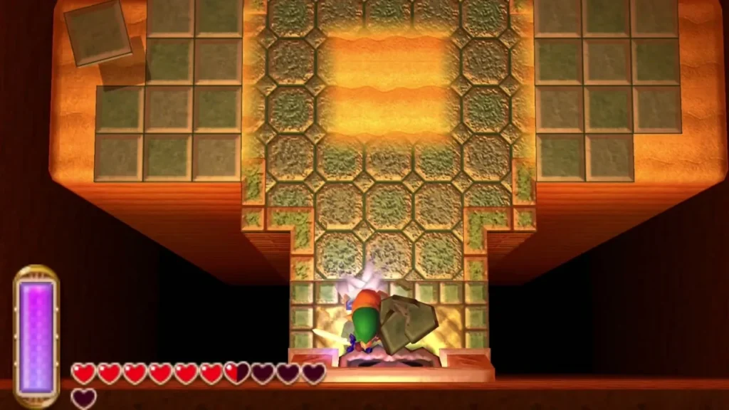 A floor tile flies into Link on the tiled platform in the Desert Palace, with a white impact flash A floor tile flies into Link on the tiled platform in the Desert Palace, with a white impact flash