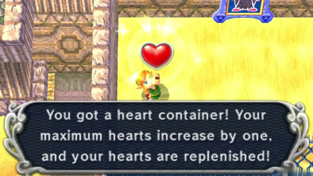 Link holding up a Heart Container beside the message that his maximum hearts increased Link holding up a Heart Container beside the message that his maximum hearts increased
