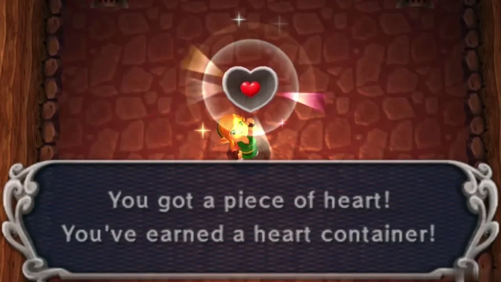 Link raising a Heart Piece with the box saying he earned a heart container Link raising a Heart Piece with the box saying he earned a heart container