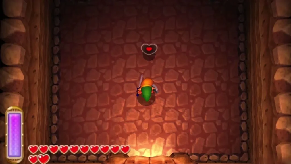 Heart Piece floating in a stone cave room with Link standing below it Heart Piece floating in a stone cave room with Link standing below it