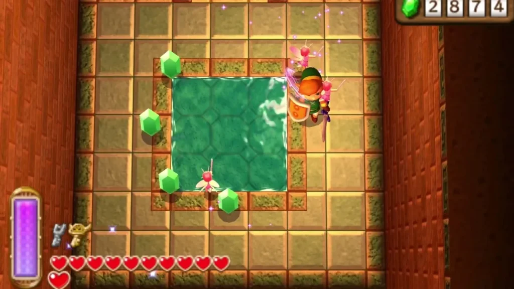 Link in the hidden room beside a fairy pool with pink fairies fluttering around Link in the hidden room beside a fairy pool with pink fairies fluttering around