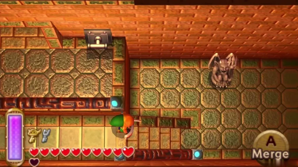 A closed chest on the upper ledge of the sand room, with a gargoyle waking across the floor A closed chest on the upper ledge of the sand room, with a gargoyle waking across the floor