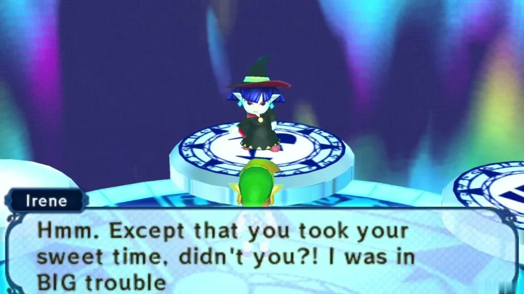 Irene on her pedestal in the Sages chamber, scolding Link for taking his time Irene on her pedestal in the Sages chamber, scolding Link for taking his time