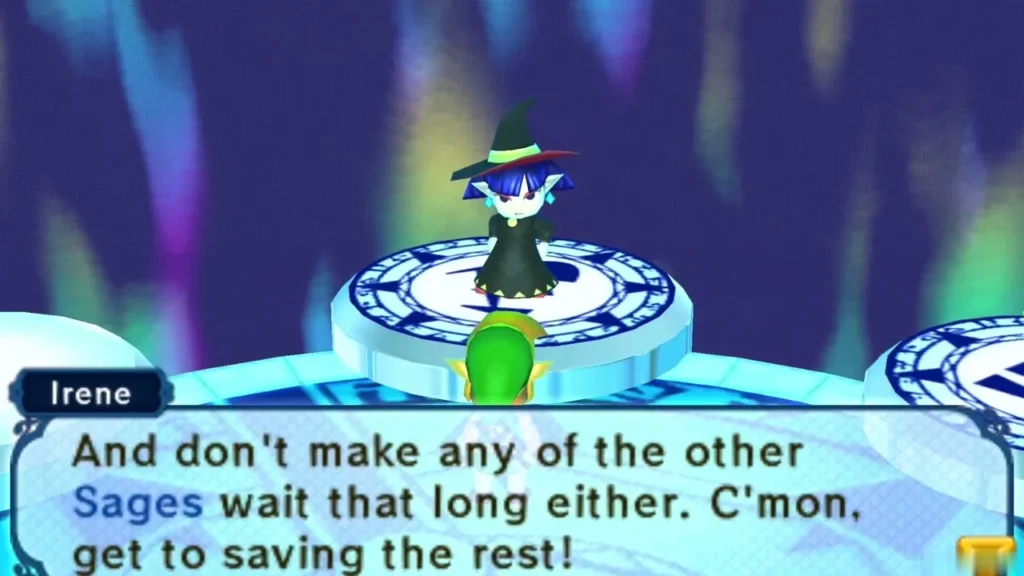 Irene on her pedestal urging Link to hurry and save the other Sages Irene on her pedestal urging Link to hurry and save the other Sages