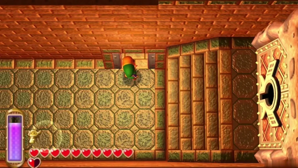 Link standing before the large ornate locked door on the right wall of the sand room Link standing before the large ornate locked door on the right wall of the sand room